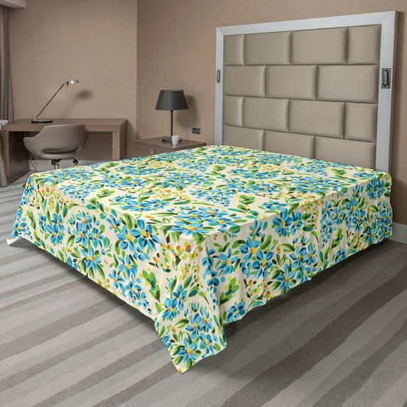 Ambesonne Floral Flat Bedding Sheet Soft Top Sheet, Bluish Flowers Fashion Art, California King, Deep Sky Blue Lime Green