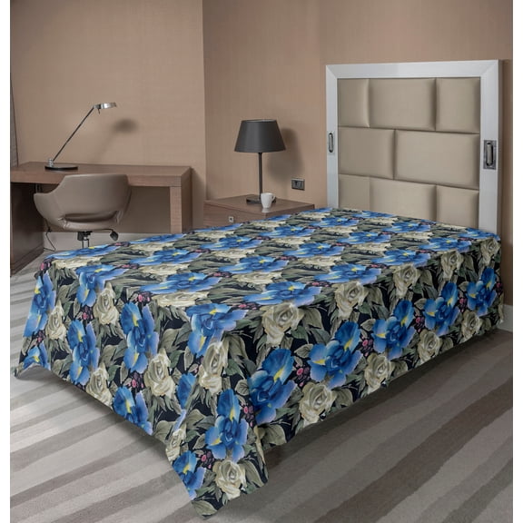 Ambesonne Floral Flat Bedding Sheet Soft Top Sheet, Bluish Flowers Watercolor, Twin, Sea Blue and Slate Brown