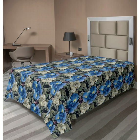 Ambesonne Floral Flat Bedding Sheet Soft Top Sheet, Bluish Flowers Watercolor, Twin XL, Sea Blue and Slate Brown