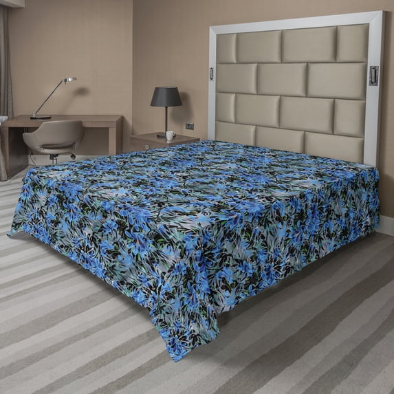 Ambesonne Floral Flat Bedding Sheet Soft Top Sheet, Bluish Watercolor Flowers, Queen, Violet Blue and Sea Green