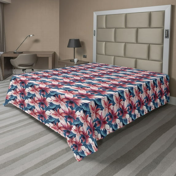 Ambesonne Floral Flat Bedding Sheet Soft Top Sheet, Botanical Water Flower Art, Queen, Slate Blue and Dark Coral