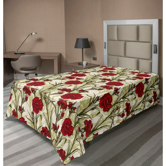 Ambesonne Floral Flat Bedding Sheet Soft Top Sheet, Carnation Flowers Leaves Art, Twin XL, Dark Pink Green Brown