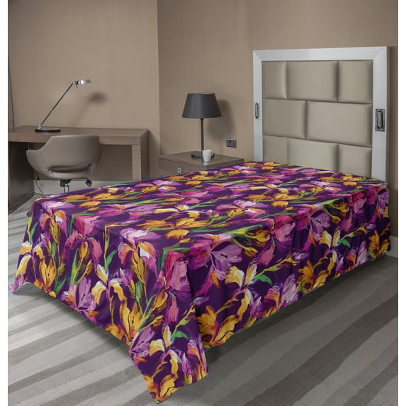 Ambesonne Floral Flat Bedding Sheet Soft Top Sheet, Colorful Iris Flowers Art, Twin XL, Pale Purple Olive Green