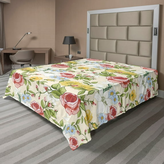 Ambesonne Floral Flat Bedding Sheet Soft Top Sheet, Colorful Wildflowers Fashion, Queen, Dark Coral Avocado Green