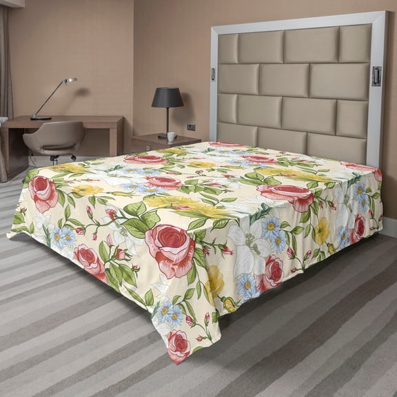 Ambesonne Floral Flat Bedding Sheet Soft Top Sheet, Colorful Wildflowers Fashion, Queen, Dark Coral Avocado Green
