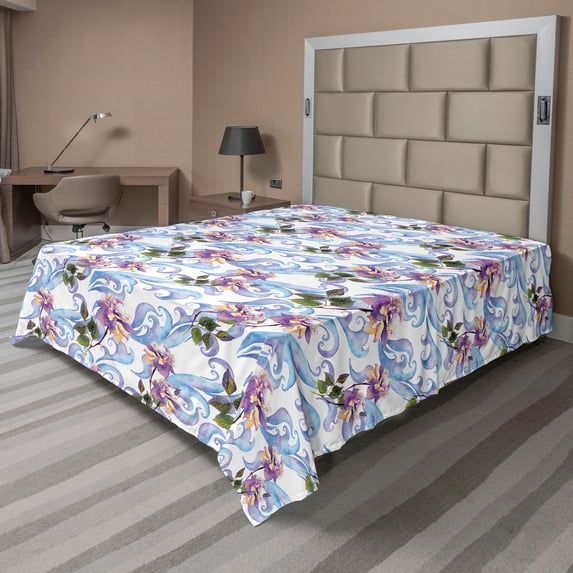 Ambesonne Floral Flat Bedding Sheet Soft Top Sheet, Curves Waves Rose Flowers, King, Pale Azure Blue Evergreen