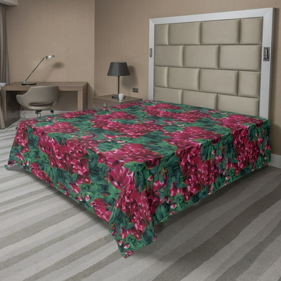 Ambesonne Floral Flat Bedding Sheet Soft Top Sheet, Dahlia Flowers in Blossom, Full, Ruby Pink and Forest Green
