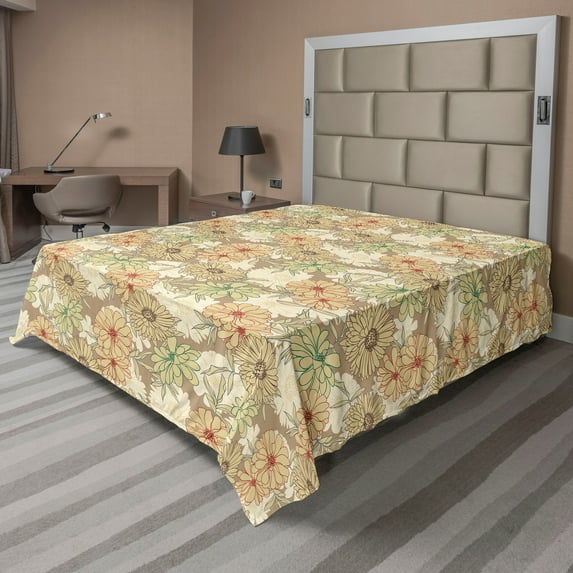 Ambesonne Floral Flat Bedding Sheet Soft Top Sheet, Earthy Daisy Like Blooms Art, California King, Pale Mustard Paprika