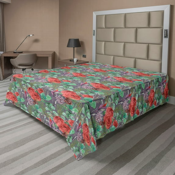 Ambesonne Floral Flat Bedding Sheet Soft Top Sheet, Eucalyptus Romantic Roses, California King, Dark Rust and Sea Green