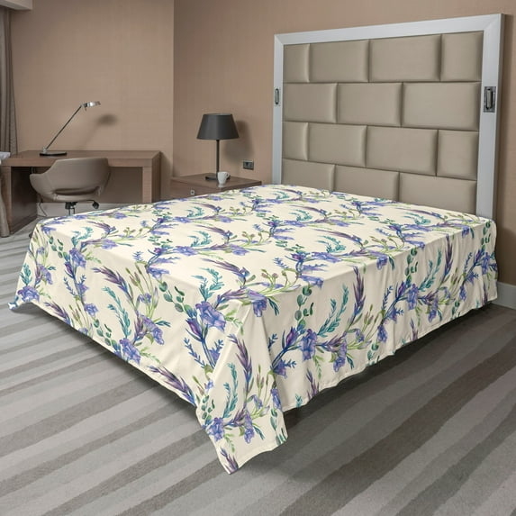 Ambesonne Floral Flat Bedding Sheet Soft Top Sheet, Eustoma Flowers Vintage Art, Full, Pale Purple and Reseda Green