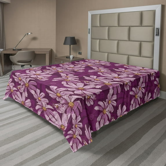 Ambesonne Floral Flat Bedding Sheet Soft Top Sheet, Flowers Abstract Retro Art, Queen, Dark Magenta Burgundy