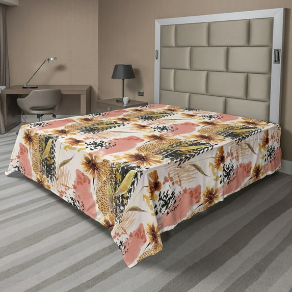 Ambesonne Floral Flat Bedding Sheet Soft Top Sheet, Flowers Brush Strokes Grunge, Full, Coral Pale Camel and Blush