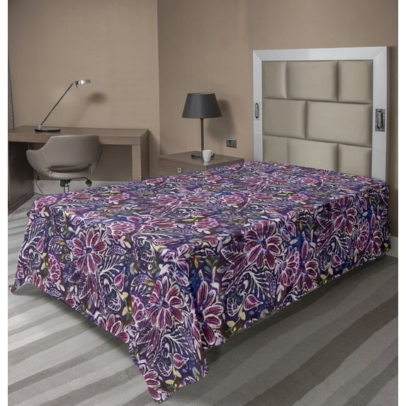 Ambesonne Floral Flat Bedding Sheet Soft Top Sheet, Flowers Leaves Pastel Art, Twin, Pale Maroon Indigo Blue