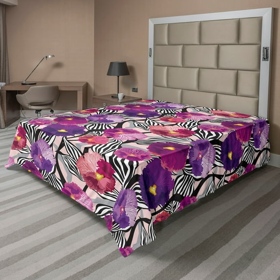 Ambesonne Floral Flat Bedding Sheet Soft Top Sheet, Flowers Monochrome Leaves, Queen, Eggplant White and Magenta