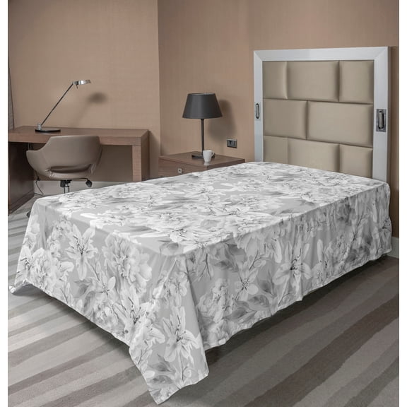 Ambesonne Floral Flat Bedding Sheet Soft Top Sheet, Flowers Muted Tones Vintage, Twin, Pale Grey and White