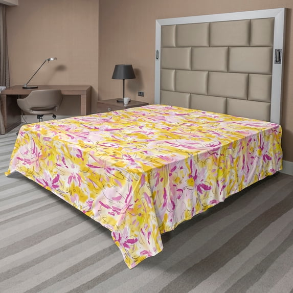 Ambesonne Floral Flat Bedding Sheet Soft Top Sheet, Flowers Simplified Vintage, California King, Earth Yellow Pink and Fuchsia