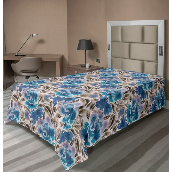 Ambesonne Floral Flat Bedding Sheet Soft Top Sheet, Flowers Simplistic Garden, Twin, Sky Blue and Pale Taupe