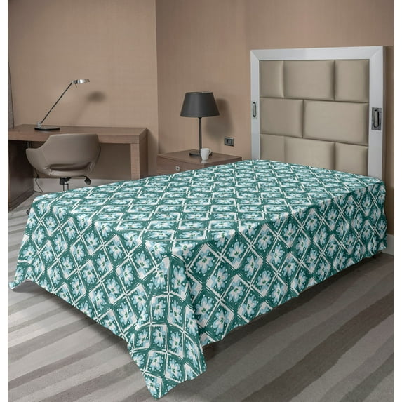 Ambesonne Floral Flat Bedding Sheet Soft Top Sheet, Flowers Spring Feels Retro, Twin XL, Teal Sky Blue and White