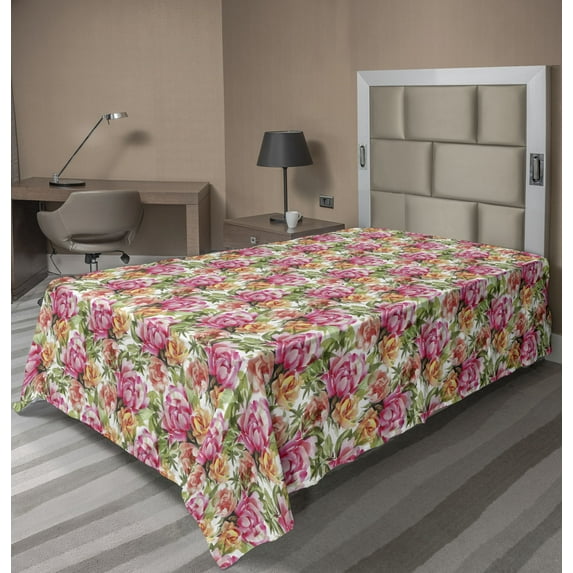 Ambesonne Floral Flat Bedding Sheet Soft Top Sheet, Flowers Vintage Scenery Plot, Twin XL, Dark Pink and Pistachio Green
