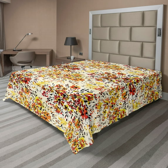 Ambesonne Floral Flat Bedding Sheet Soft Top Sheet, Flowers Watercolor Warm Art, King, Orange Scarlet Yellow