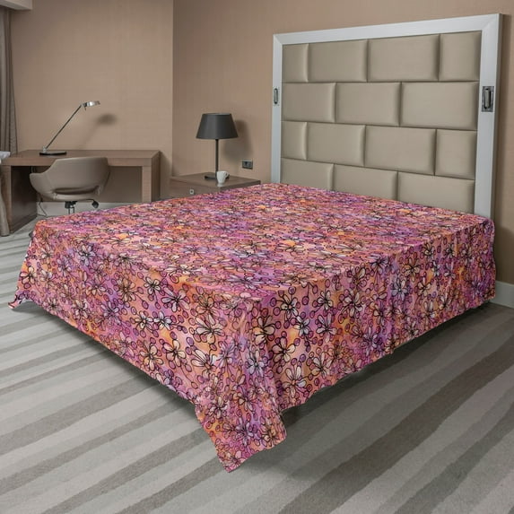Ambesonne Floral Flat Bedding Sheet Soft Top Sheet, Flowery Meadow Spring Print, King, Lavender Salmon and Pink