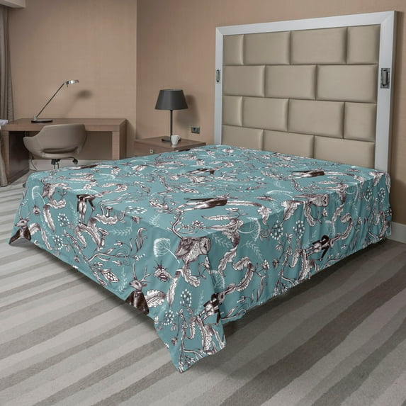 Ambesonne Floral Flat Bedding Sheet Soft Top Sheet, Forest Animals Woodland Vibe, Queen, Pale Teal and Dark Brown