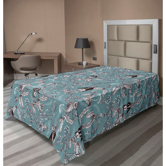 Ambesonne Floral Flat Bedding Sheet Soft Top Sheet, Forest Animals Woodland Vibe, Twin, Pale Teal and Dark Brown