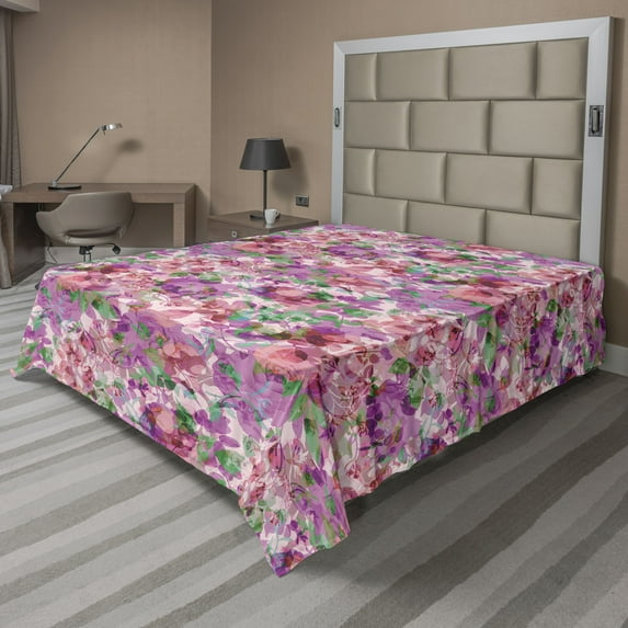 Ambesonne Floral Flat Bedding Sheet Soft Top Sheet, Garden Flowers Silhouettes, California King, Fern Green and Blue Violet