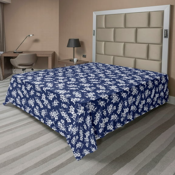 Ambesonne Floral Flat Bedding Sheet Soft Top Sheet, Garden Night Flowers Asian, California King, Navy Blue and White