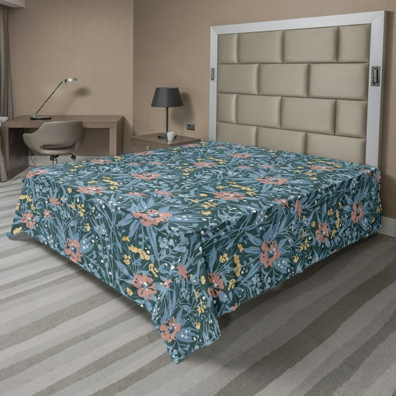 Ambesonne Floral Flat Bedding Sheet Soft Top Sheet, Garden Scene Flowers Leaves, King, Pale Salmon and Sea Blue