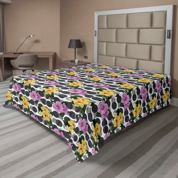 Ambesonne Floral Flat Bedding Sheet Soft Top Sheet, Hawaii Hibiscus Blooms Retro, Full, Pale Purple Mustard and Grey