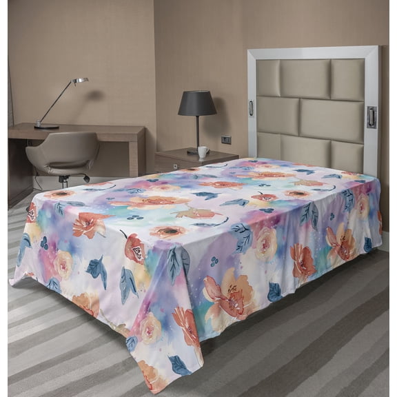 Ambesonne Floral Flat Bedding Sheet Soft Top Sheet, Hazy Pastel Flowers Pattern, Twin, Salmon Peach Multicolor