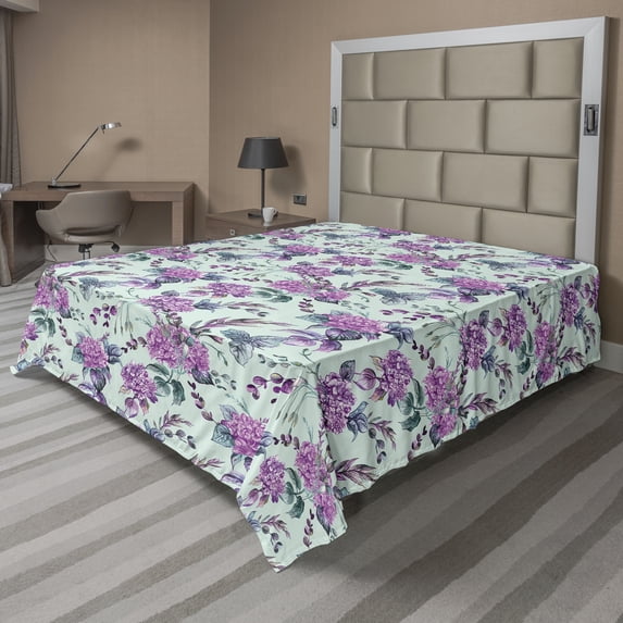 Ambesonne Floral Flat Bedding Sheet Soft Top Sheet, Hydrangeas Flowers Vintage, California King, Pale Purple Grey Teal