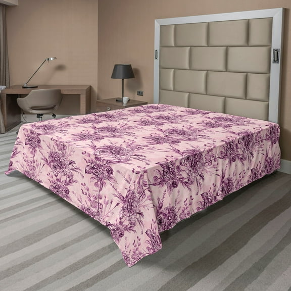 Ambesonne Floral Flat Bedding Sheet Soft Top Sheet, Hydrangeas and Roses Retro, California King, Pale Purple and Soft Pink