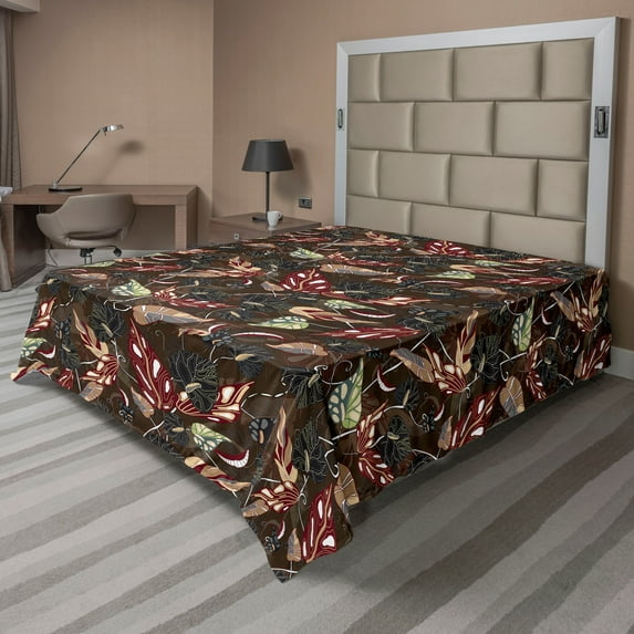 Ambesonne Floral Flat Bedding Sheet Soft Top Sheet, Jungle Foliage Exotic Leaves, King, Burgundy Pale Green and Brown