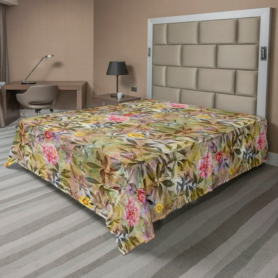 Ambesonne Floral Flat Bedding Sheet Soft Top Sheet, Leaf Prints Summer Flowers, Full, Khaki Sepia and Pink