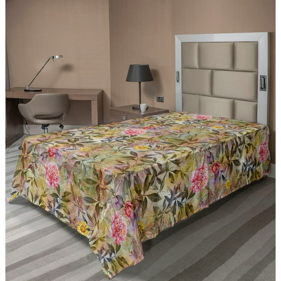 Ambesonne Floral Flat Bedding Sheet Soft Top Sheet, Leaf Prints Summer Flowers, Twin XL, Khaki Sepia and Pink