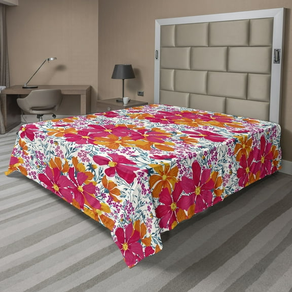 Ambesonne Floral Flat Bedding Sheet Soft Top Sheet, Leafy Flowers Print Spring, California King, Hot Pink Vermilion