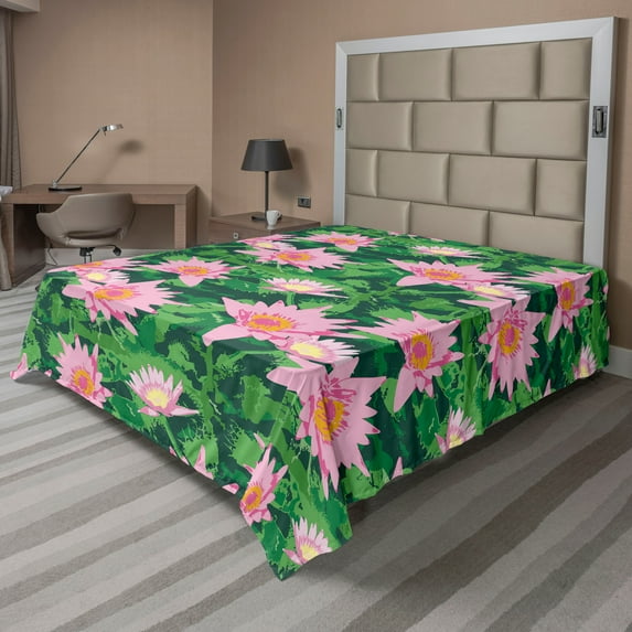 Ambesonne Floral Flat Bedding Sheet Soft Top Sheet, Lotus Flowers Continuous Art, Queen, Soft Pink and Forest Green