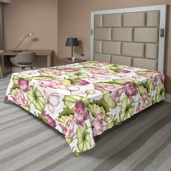 Ambesonne Floral Flat Bedding Sheet Soft Top Sheet, Lotus Petals Leaves Pattern, California King, Pink and Olive Green