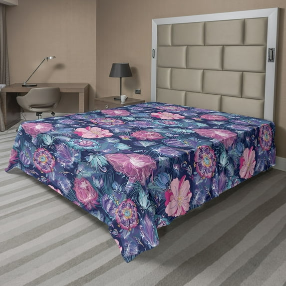 Ambesonne Floral Flat Bedding Sheet Soft Top Sheet, Lotus and Peonies Retro Art, Full, Night Blue and Pale Pink