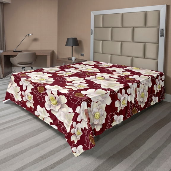 Ambesonne Floral Flat Bedding Sheet Soft Top Sheet, Magnolia Flowers Spring Art, King, Burgundy White and Yellow
