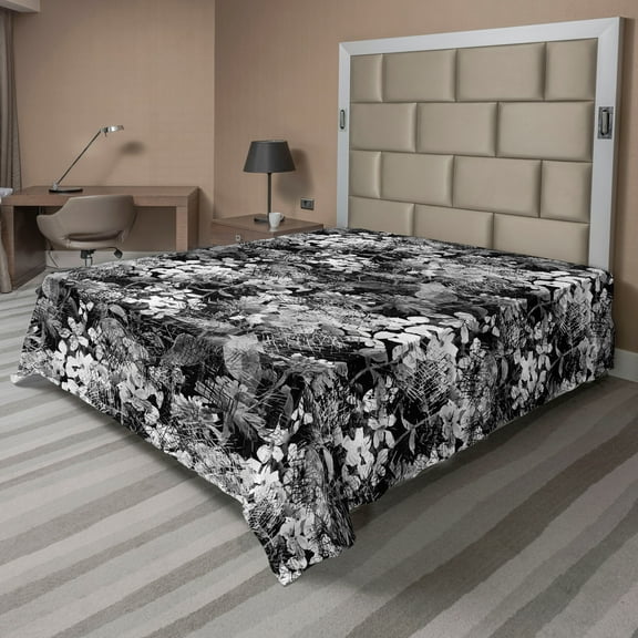 Ambesonne Floral Flat Bedding Sheet Soft Top Sheet, Meadow Flowers Monochrome, California King, Charcoal Grey and White