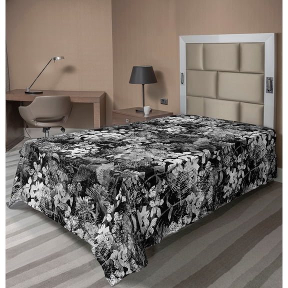 Ambesonne Floral Flat Bedding Sheet Soft Top Sheet, Meadow Flowers Monochrome, Twin, Charcoal Grey and White