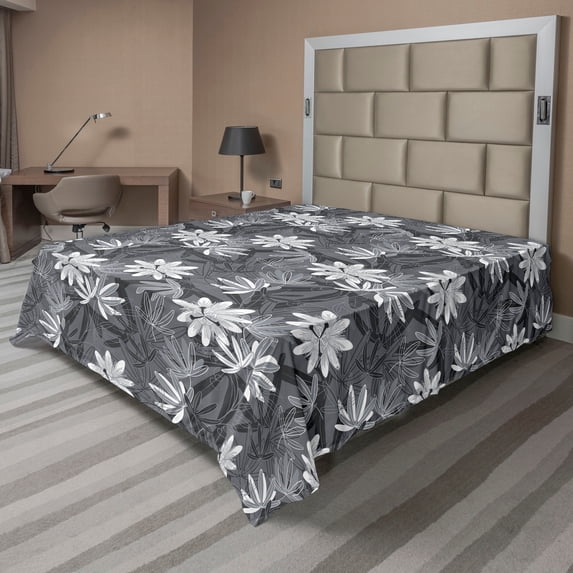 Ambesonne Floral Flat Bedding Sheet Soft Top Sheet, Monochrome Passionflowers, California King, Pale Grey White