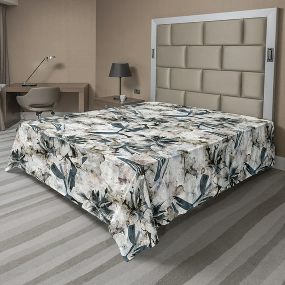 Ambesonne Floral Flat Bedding Sheet Soft Top Sheet, Neutral Grunge Pattern Lily, King, Dark Tan and Slate Blue