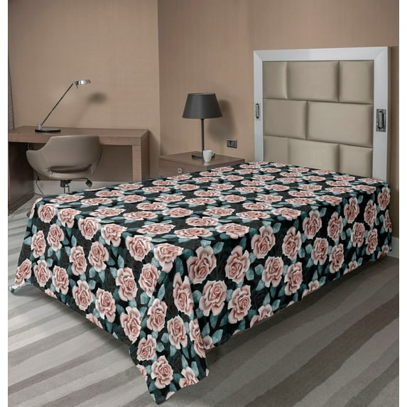 Ambesonne Floral Flat Bedding Sheet Soft Top Sheet, Night Forest Rose Blossoms, Twin, Dark Teal Blush