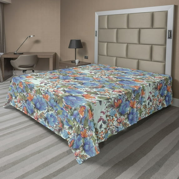 Ambesonne Floral Flat Bedding Sheet Soft Top Sheet, Orange Flowers Vintage Plot, California King, Dark Ceil Blue and Apricot