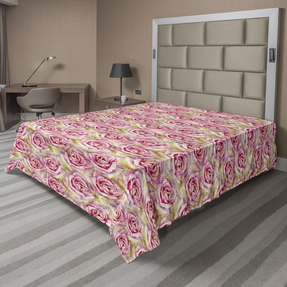 Ambesonne Floral Flat Bedding Sheet Soft Top Sheet, Overlapping Roses Scenery, King, Hot Pink and Dark Mustard