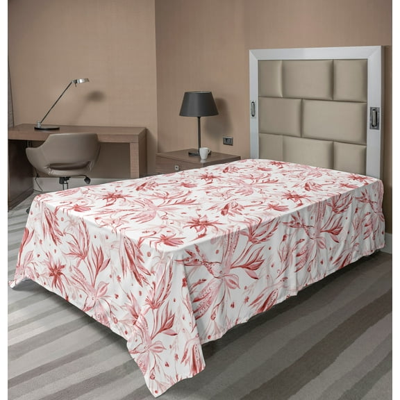 Ambesonne Floral Flat Bedding Sheet Soft Top Sheet, Oversimplified Birds Flowers, Twin XL, Pale Ruby and Soft Pink